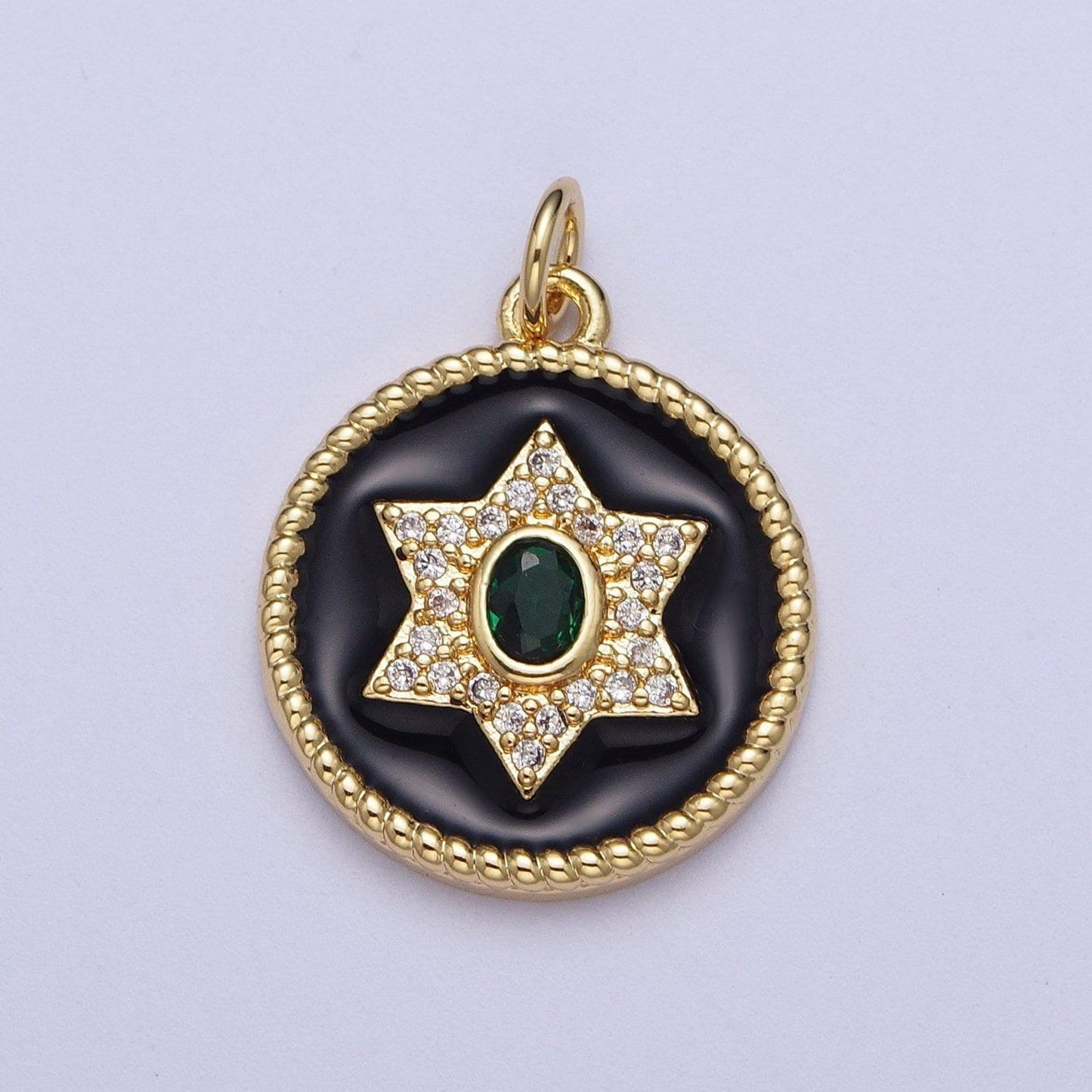 Gold star of david coin medallion pendant, 14k gp clear emerald green micro paved cz black enamel croissant twist jewish charm | x-725