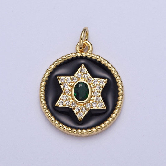 Gold star of david coin medallion pendant, 14k gp clear emerald green micro paved cz black enamel croissant twist jewish charm | x-725