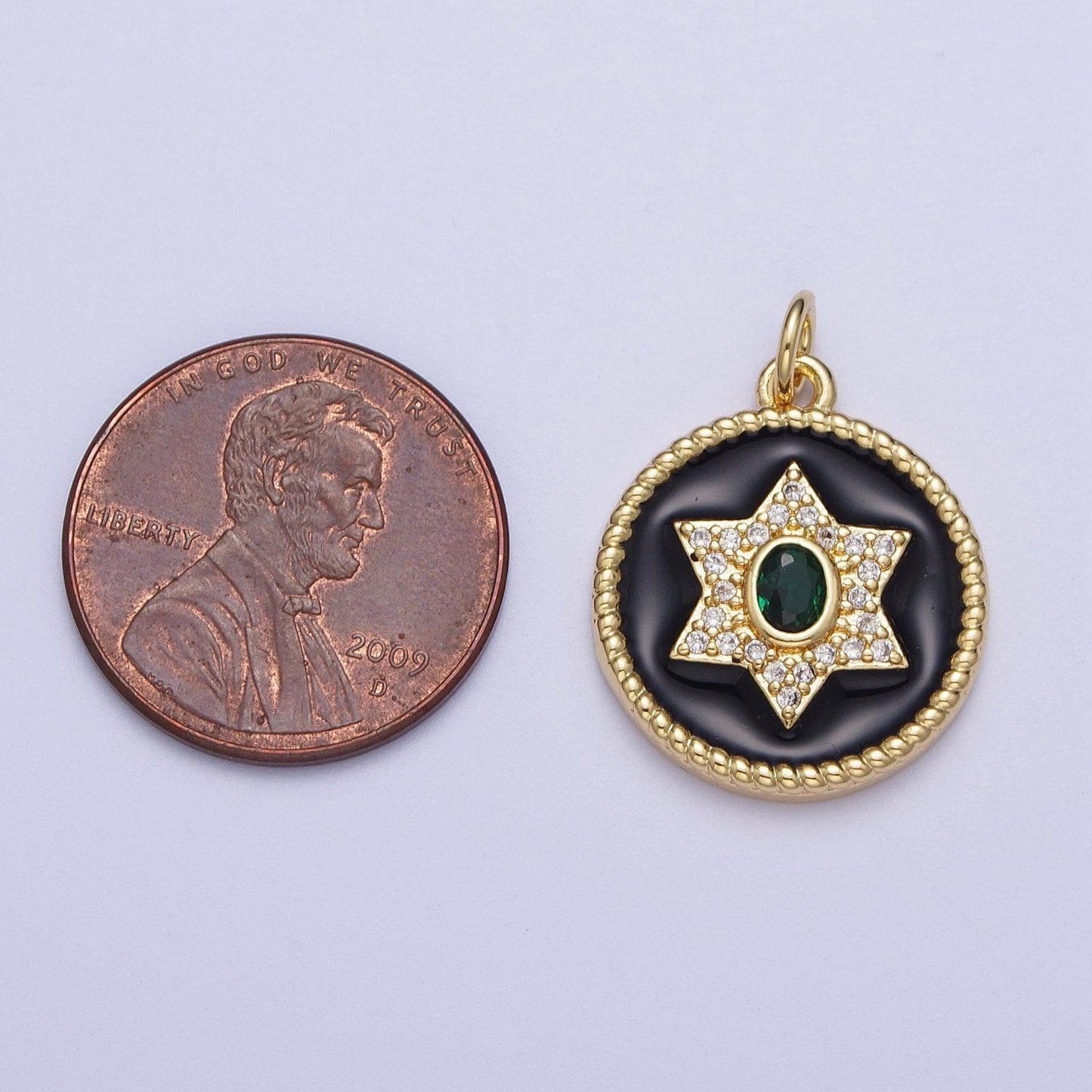 Gold star of david coin medallion pendant, 14k gp clear emerald green micro paved cz black enamel croissant twist jewish charm | x-725