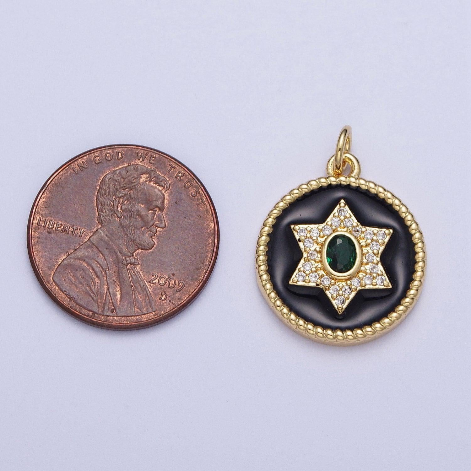 Gold star of david coin medallion pendant, 14k gp clear emerald green micro paved cz black enamel croissant twist jewish charm | x-725