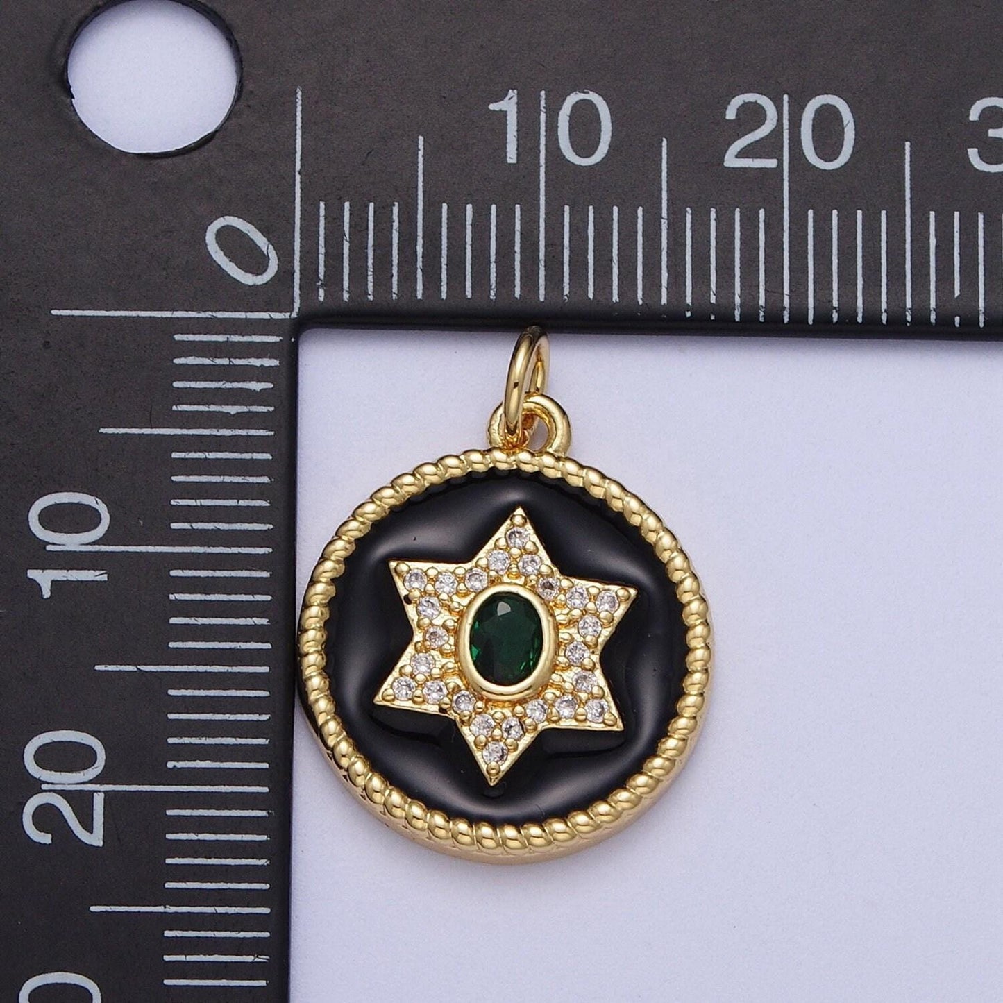 Gold star of david coin medallion pendant, 14k gp clear emerald green micro paved cz black enamel croissant twist jewish charm | x-725