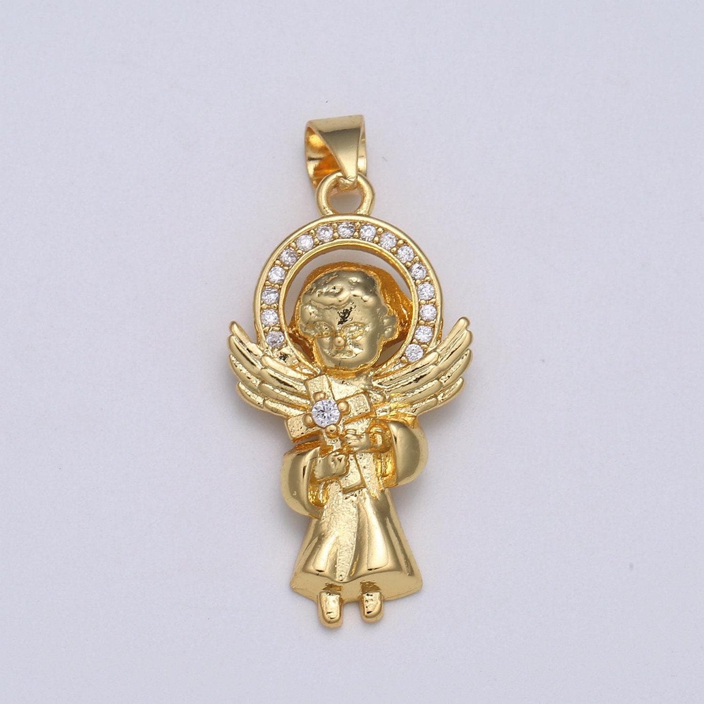 Gold cupid pendant, cubic pave angel charm, cross solitaire cz pendant, halo cubic charm, angel of heaven pendant diy jewelry, pdgf-2152