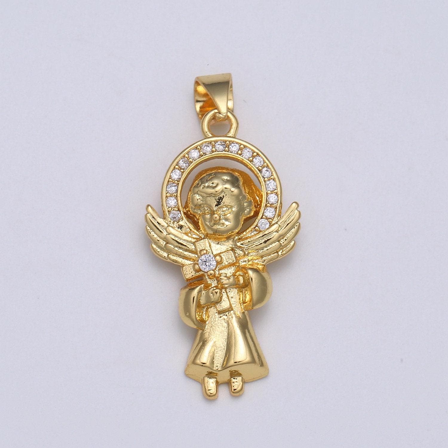 Gold cupid pendant, cubic pave angel charm, cross solitaire cz pendant, halo cubic charm, angel of heaven pendant diy jewelry, pdgf-2152