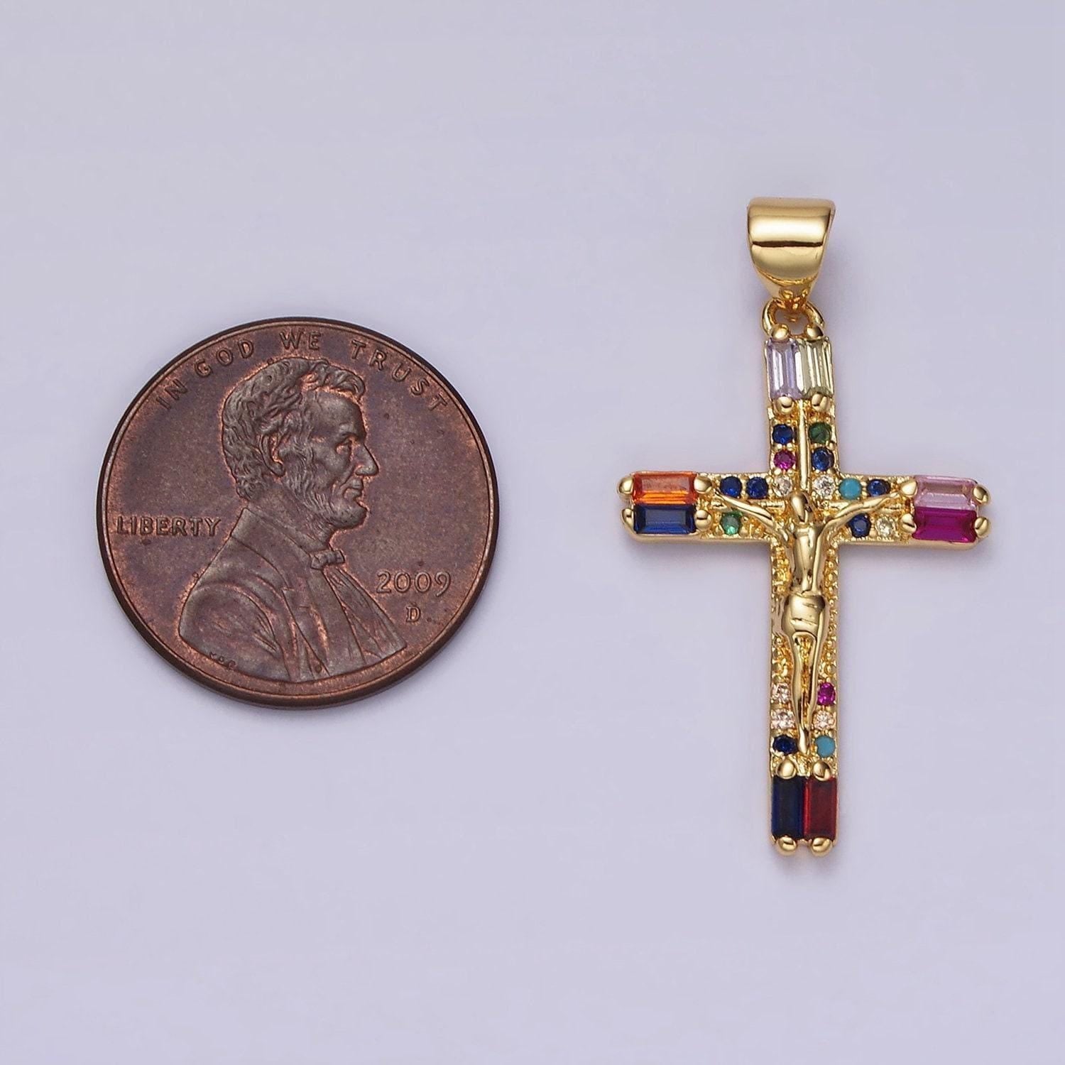 14k gold filled 30mm multicolor baguette micro paved cz crucifix cross pendant religious jewelry making supply | ah048