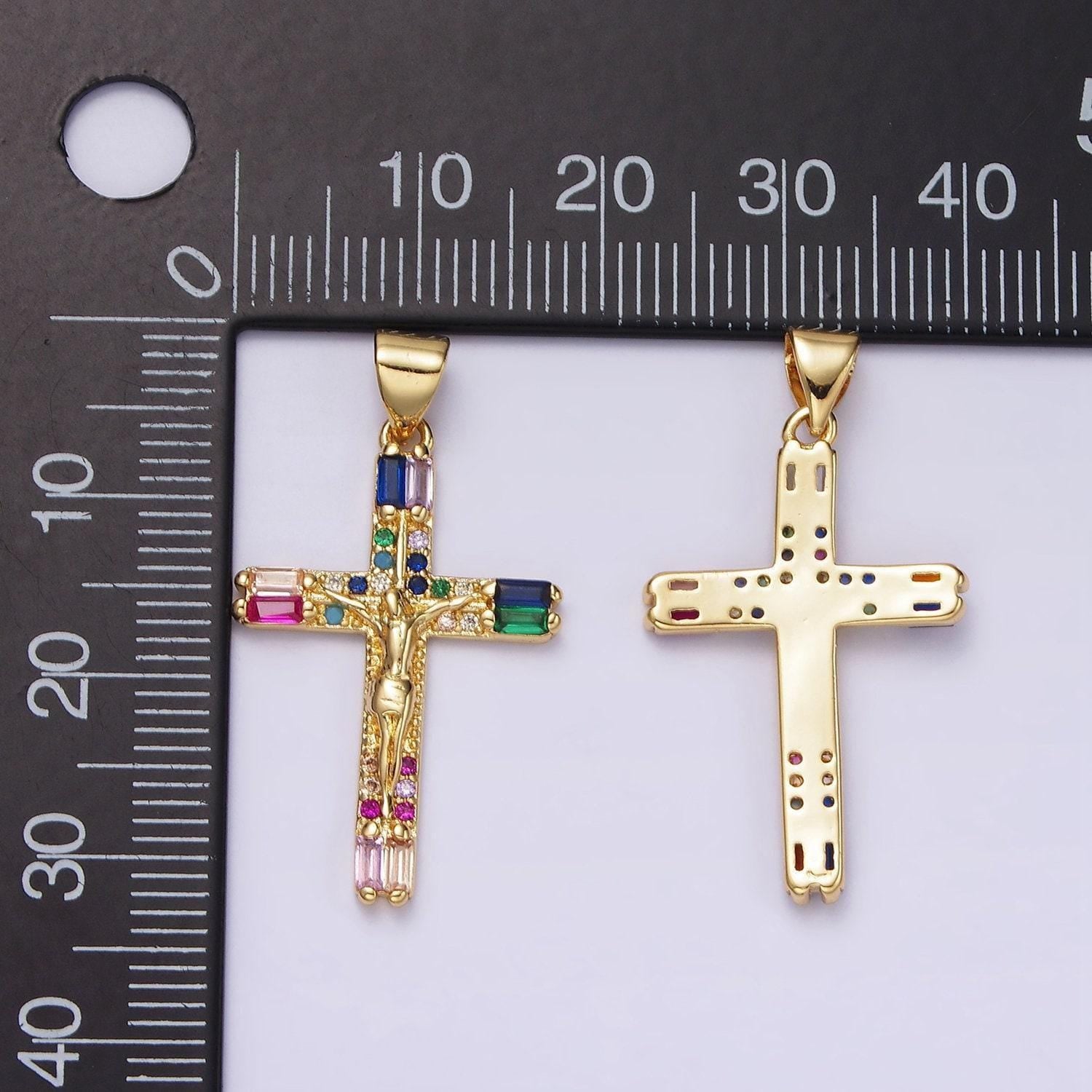 14k gold filled 30mm multicolor baguette micro paved cz crucifix cross pendant religious jewelry making supply | ah048