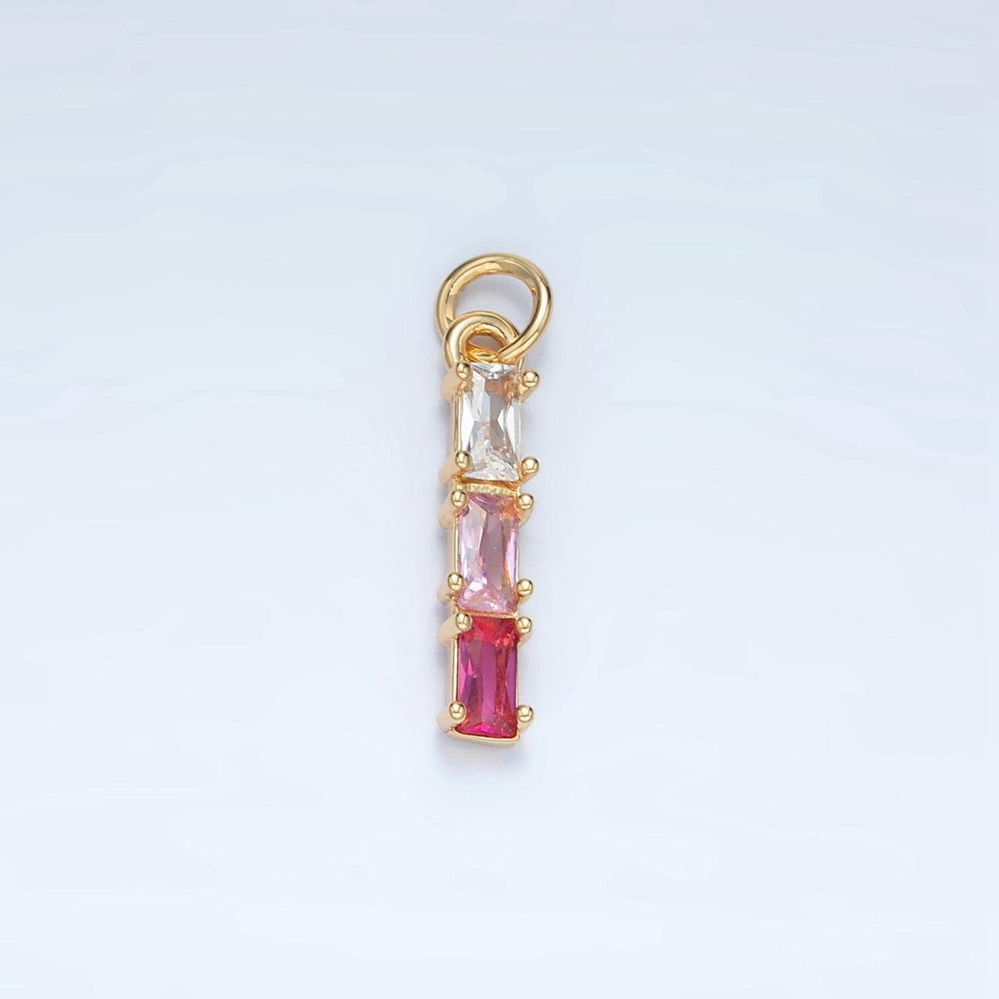 Clear, purple, green, pink, blue gradient triple baguette cz linear gold filled charm | x570-x572