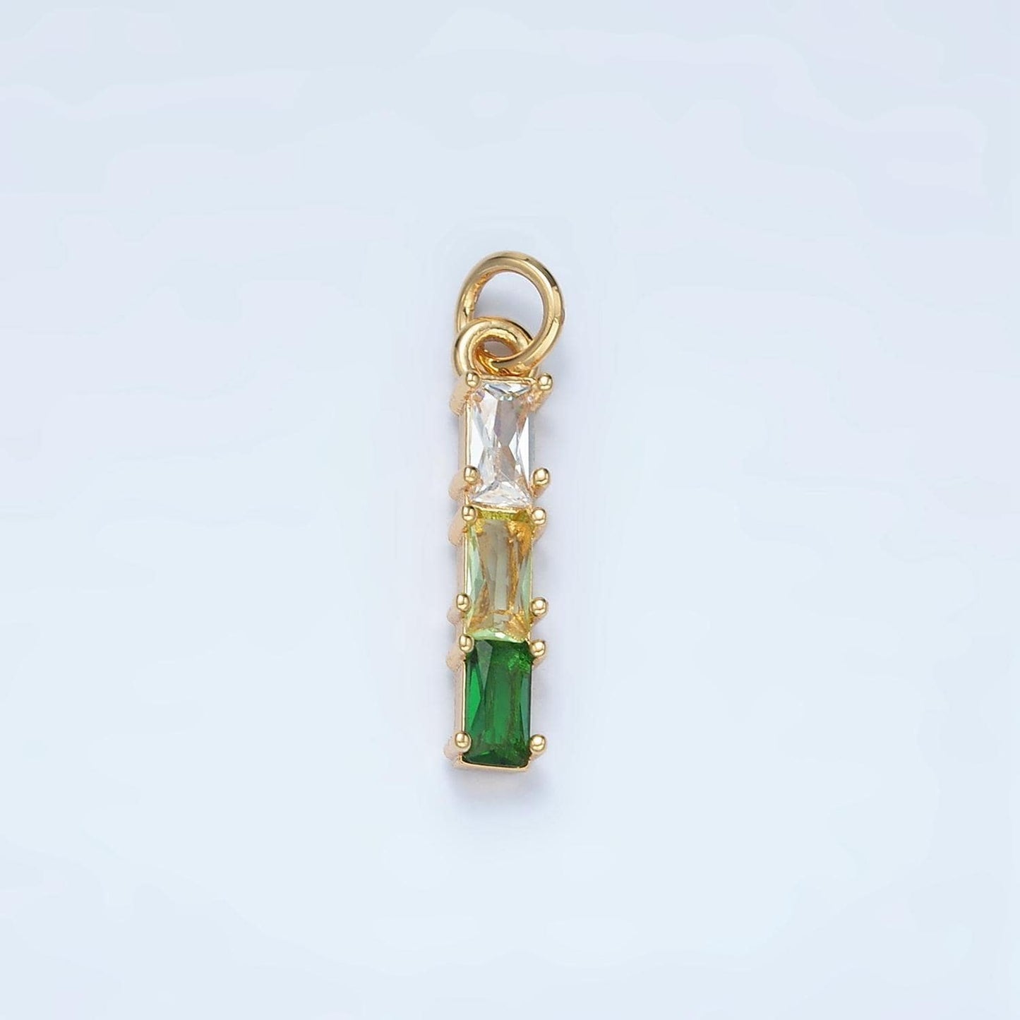 Clear, purple, green, pink, blue gradient triple baguette cz linear gold filled charm | x570-x572