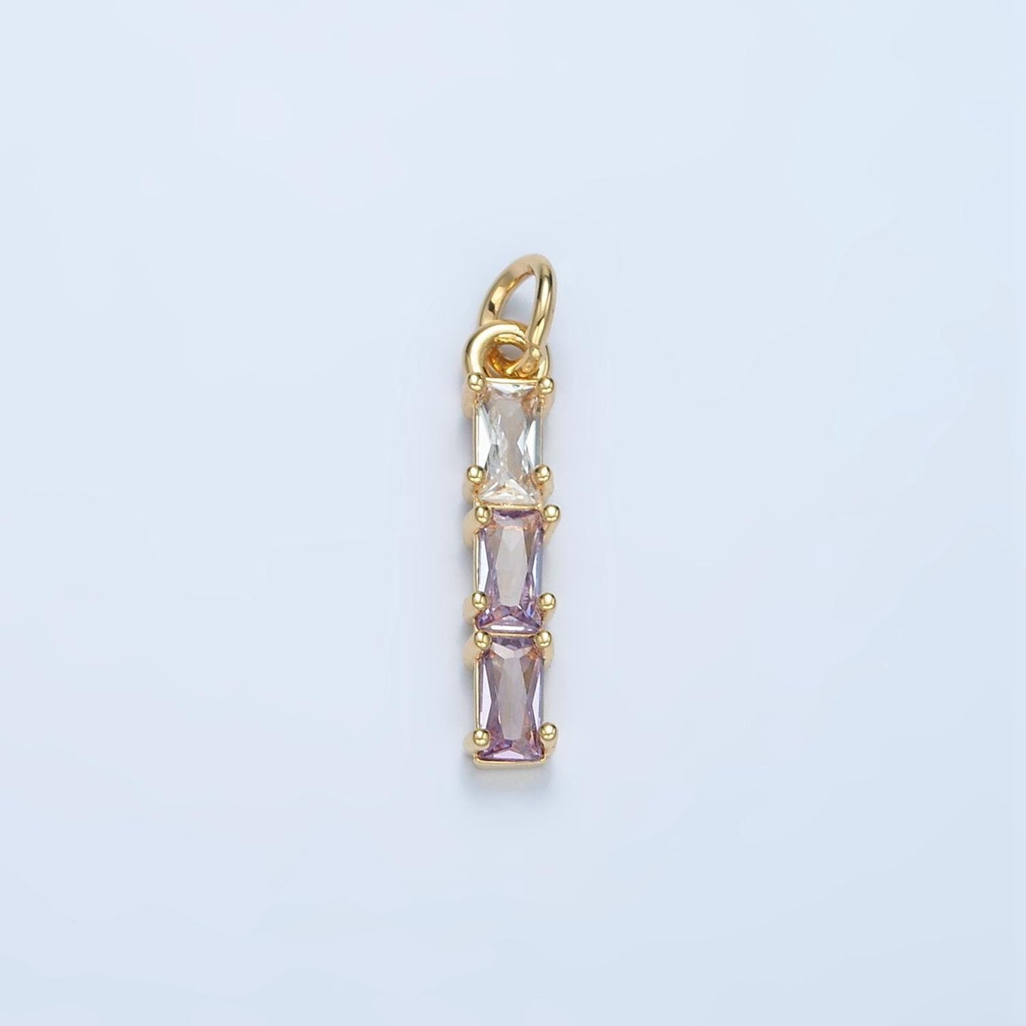 Clear, purple, green, pink, blue gradient triple baguette cz linear gold filled charm | x570-x572