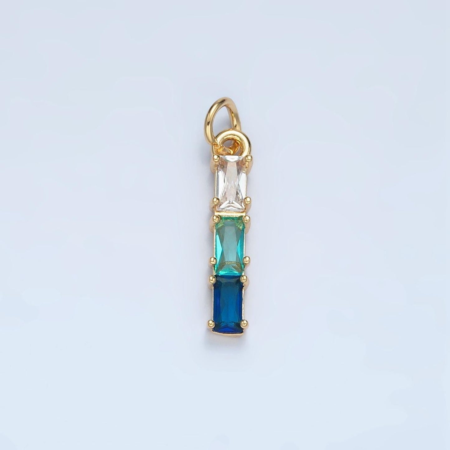 Clear, purple, green, pink, blue gradient triple baguette cz linear gold filled charm | x570-x572