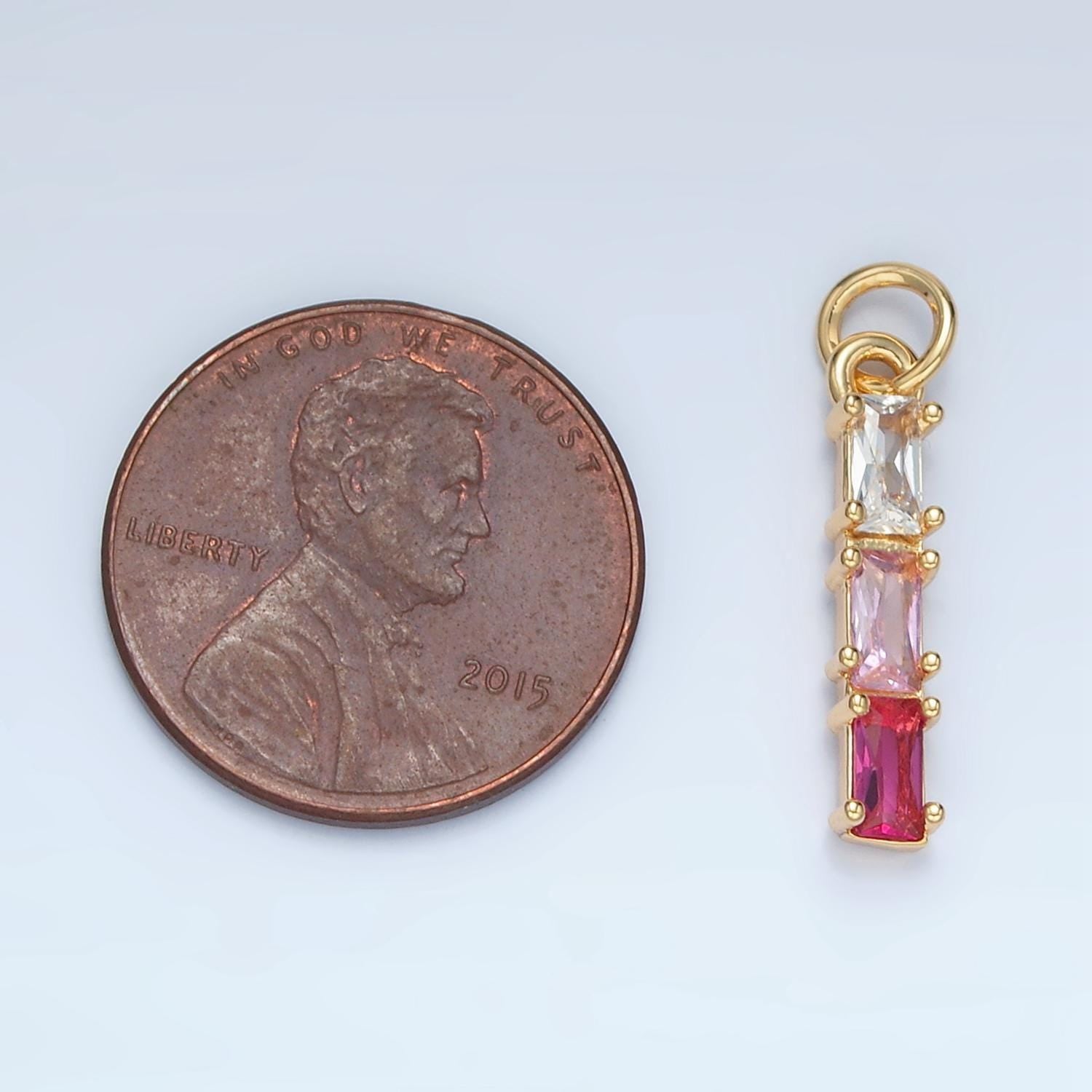 Clear, purple, green, pink, blue gradient triple baguette cz linear gold filled charm | x570-x572