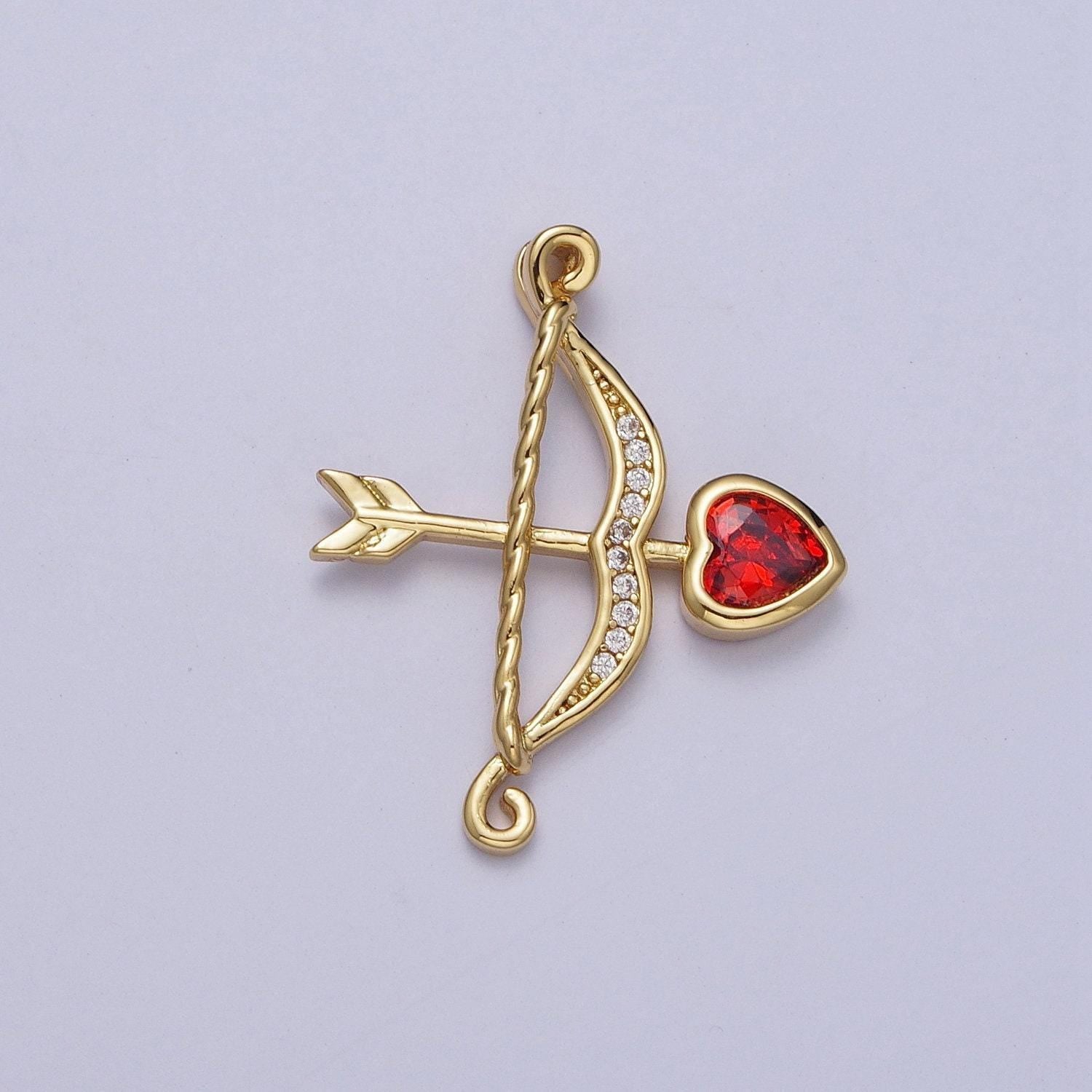 Gold cz cupid bow heart arrow pendant, greek classic mythology red crystal cz love cupid arrow charm for diy jewelry | ag133