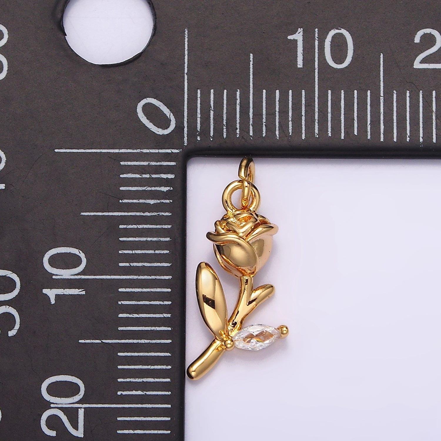 18k gold filled 15mm rose flower clear marquise cz leaf charm | n1762