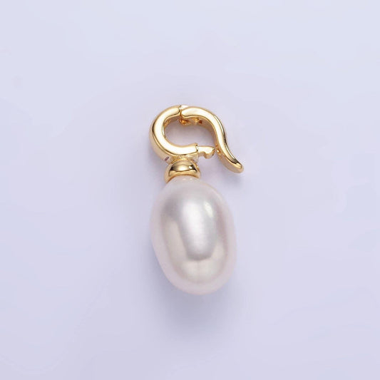 Dainty white potato pearl charm with 18k gold filled hinged pull clasp charm bail p-1889