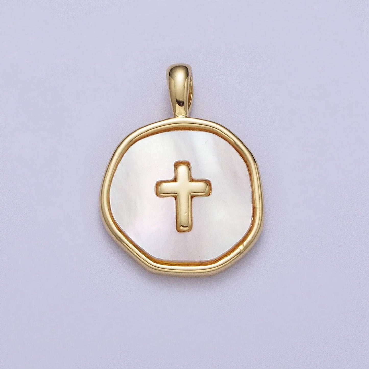 14k gold filled cross shell pearl, abalone round charm pendant for minimalist jewelry | i341 i370