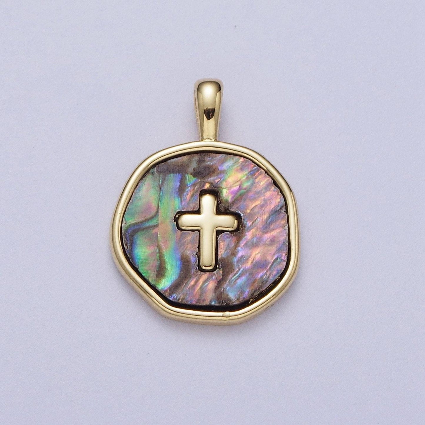 14k gold filled cross shell pearl, abalone round charm pendant for minimalist jewelry | i341 i370