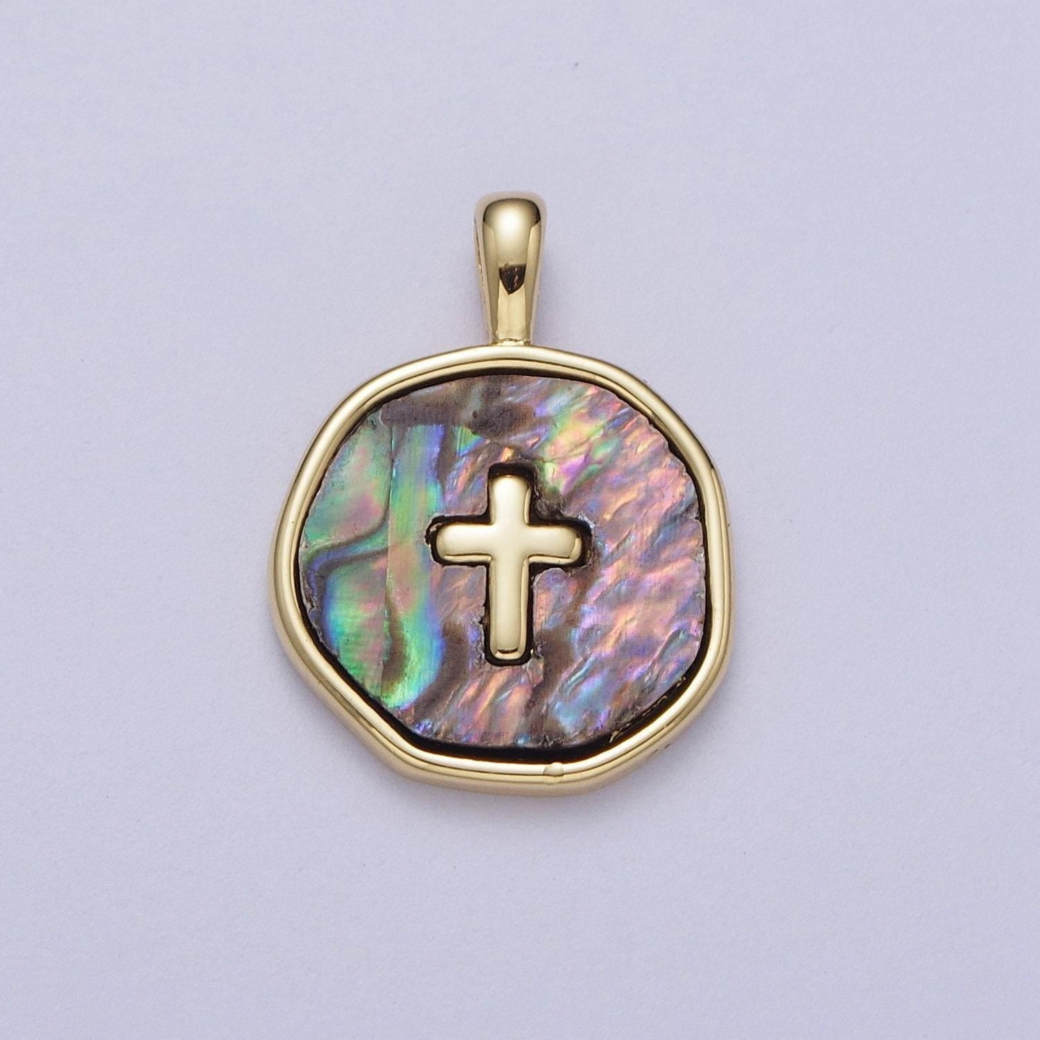 14k gold filled cross shell pearl, abalone round charm pendant for minimalist jewelry | i341 i370