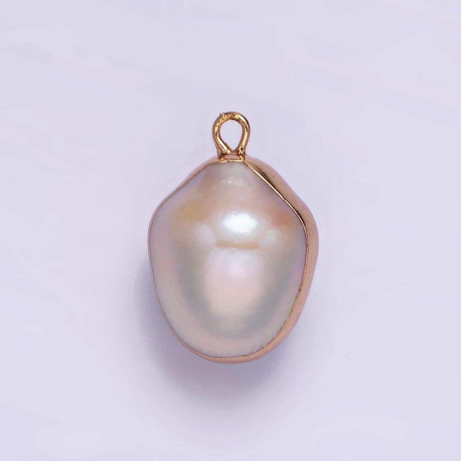 Natural baroque pearl charm, freeform oval pearl pendant, freeform natural baroque pearl charm, gold plated edged pearl pendant p1616