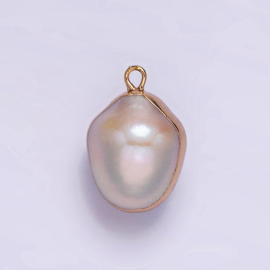 Natural baroque pearl charm, freeform oval pearl pendant, freeform natural baroque pearl charm, gold plated edged pearl pendant p1616