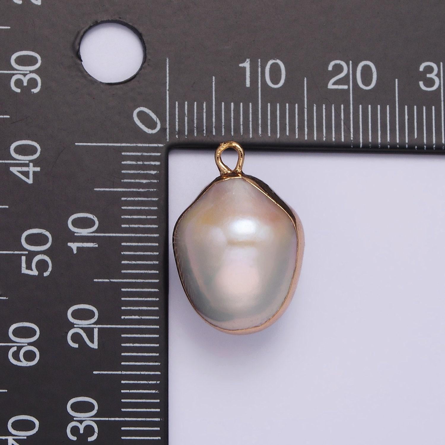 Natural baroque pearl charm, freeform oval pearl pendant, freeform natural baroque pearl charm, gold plated edged pearl pendant p1616
