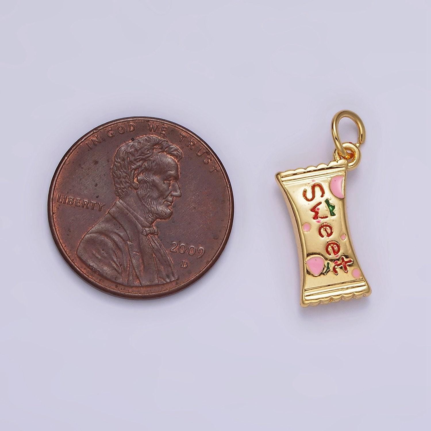 14k gold filled strawberry candy sweet script enamel wrapper puffed add-on charm food snack jewelry inspired | ag405