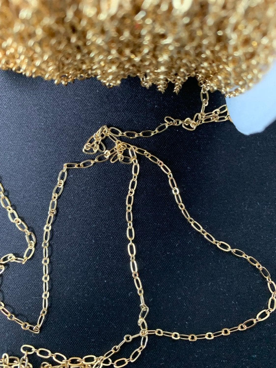 Dainty oval rolo 24k gold chain by yard, oval link, wholesale bulk roll chain for jewelry making, width 2.4mm,roll-407