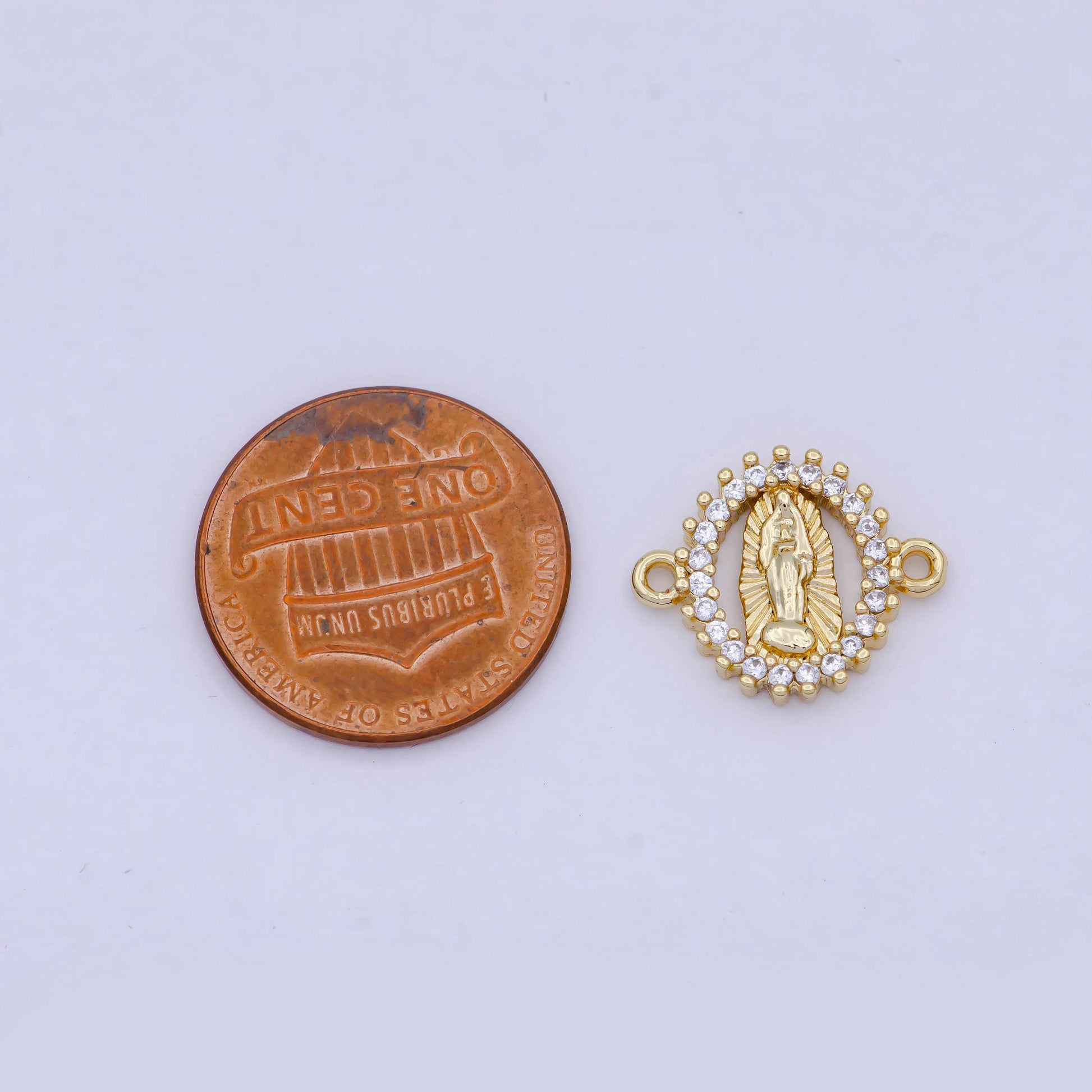 Gold oval virgin mary sunburst connector, 24k gold filled clear micro pave cz oval lady of guadalupe religious medallion connector | g-912