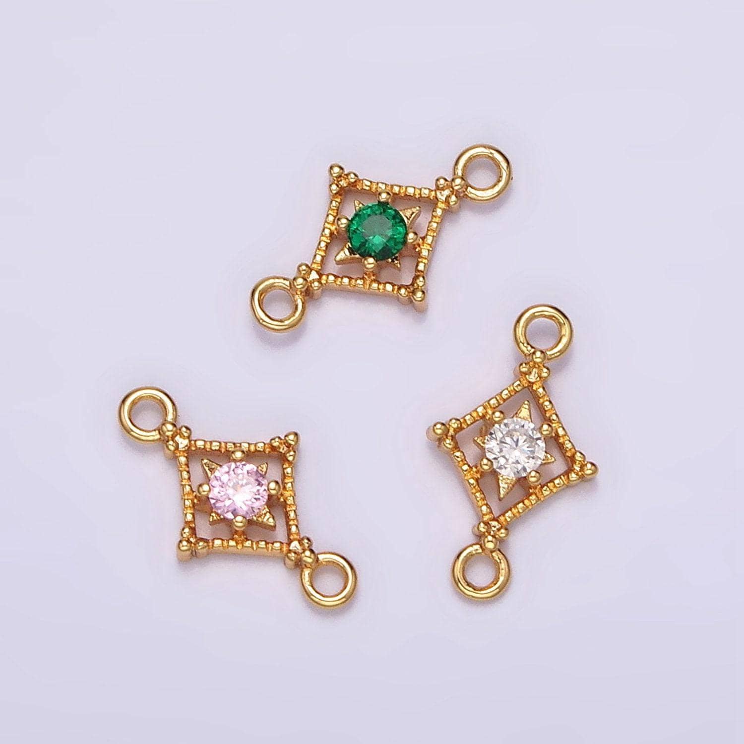 16k gold filled clear, pink, green cz celestial star beaded rhombus connector | g054 - g056