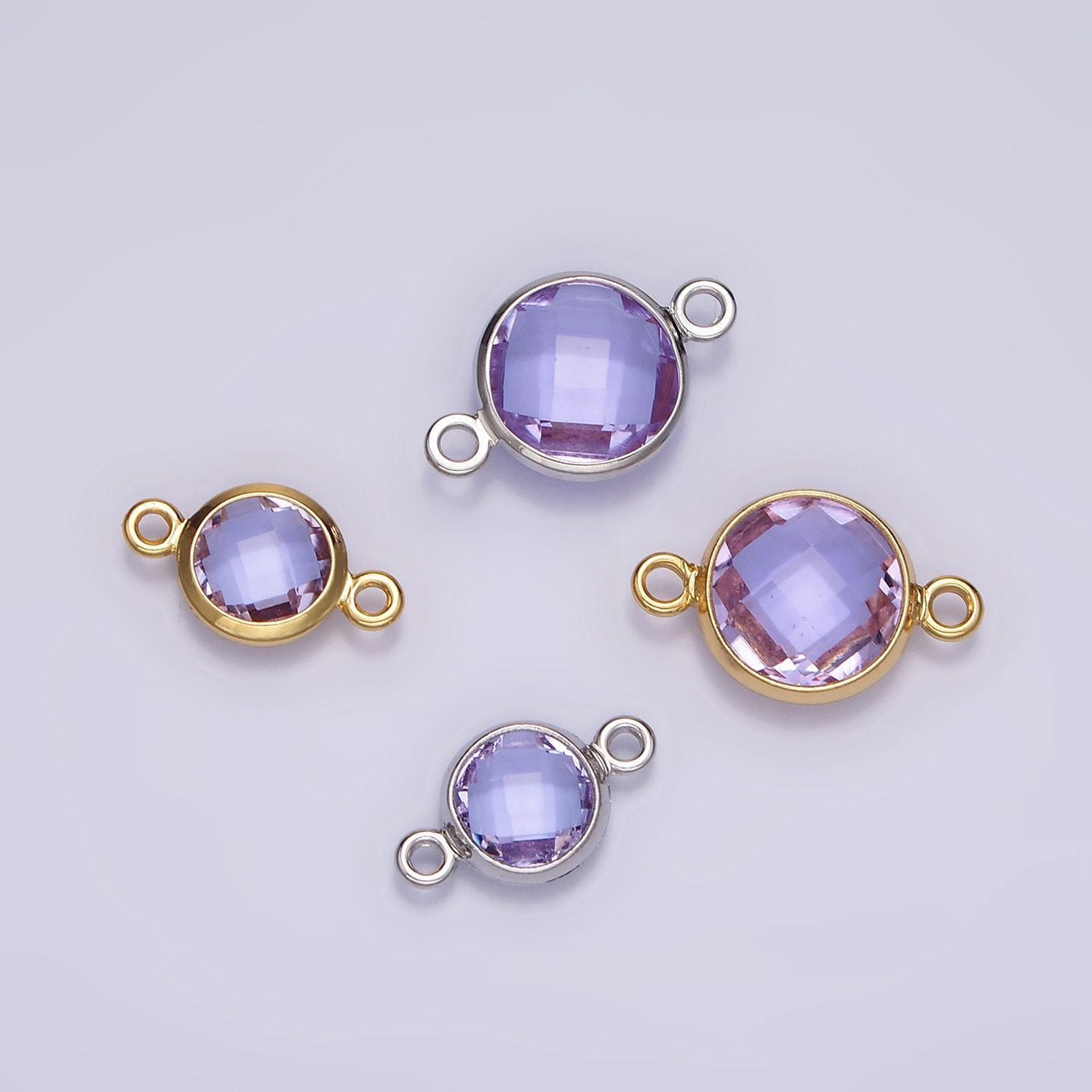 14k gold filled 7mm, 9mm purple multifaceted birthstone round connector in gold & silver | g810 - g813