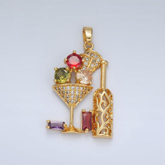 Gold colorful micro pave cubic zirconia cz drinking cup wine glass pendant with wine bottle charm for diy jewelry necklace making i708
