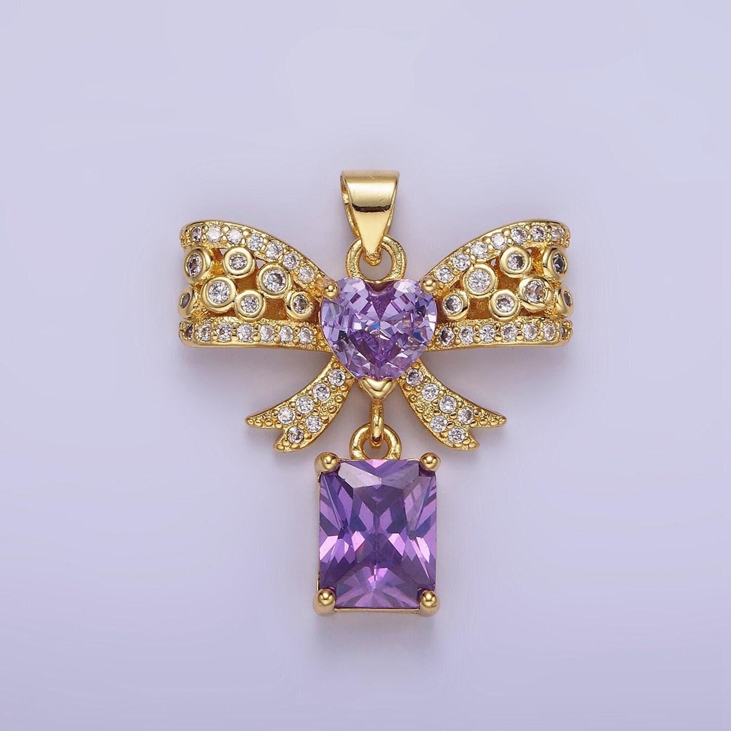 Dainty 14k gold filled ribbon bow charm with heart micro paved cz charm for earring necklace bracelet coquette jewelry component aa1136