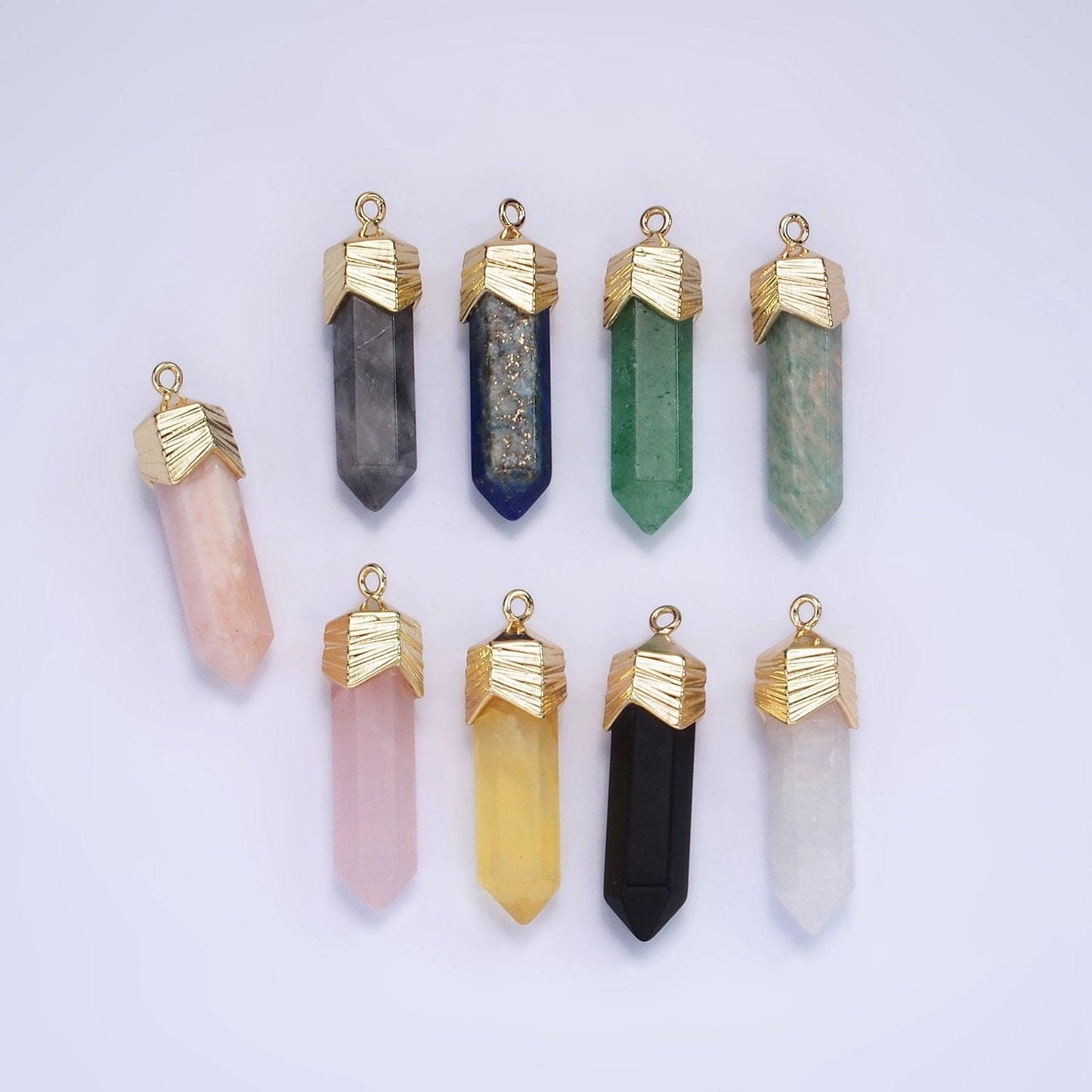 Dainty gemstone spike pendant charm with gold plated edges rose quartz onyx blue lapiz amazonite pendant ag333