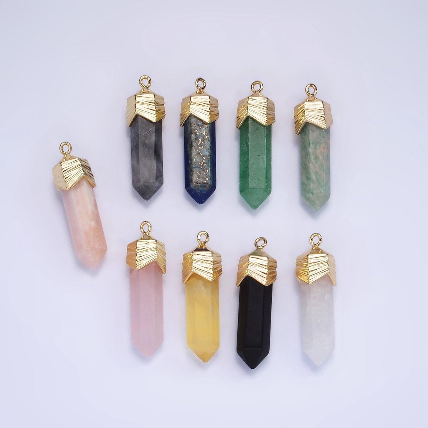 Dainty gemstone spike pendant charm with gold plated edges rose quartz onyx blue lapiz amazonite pendant ag333