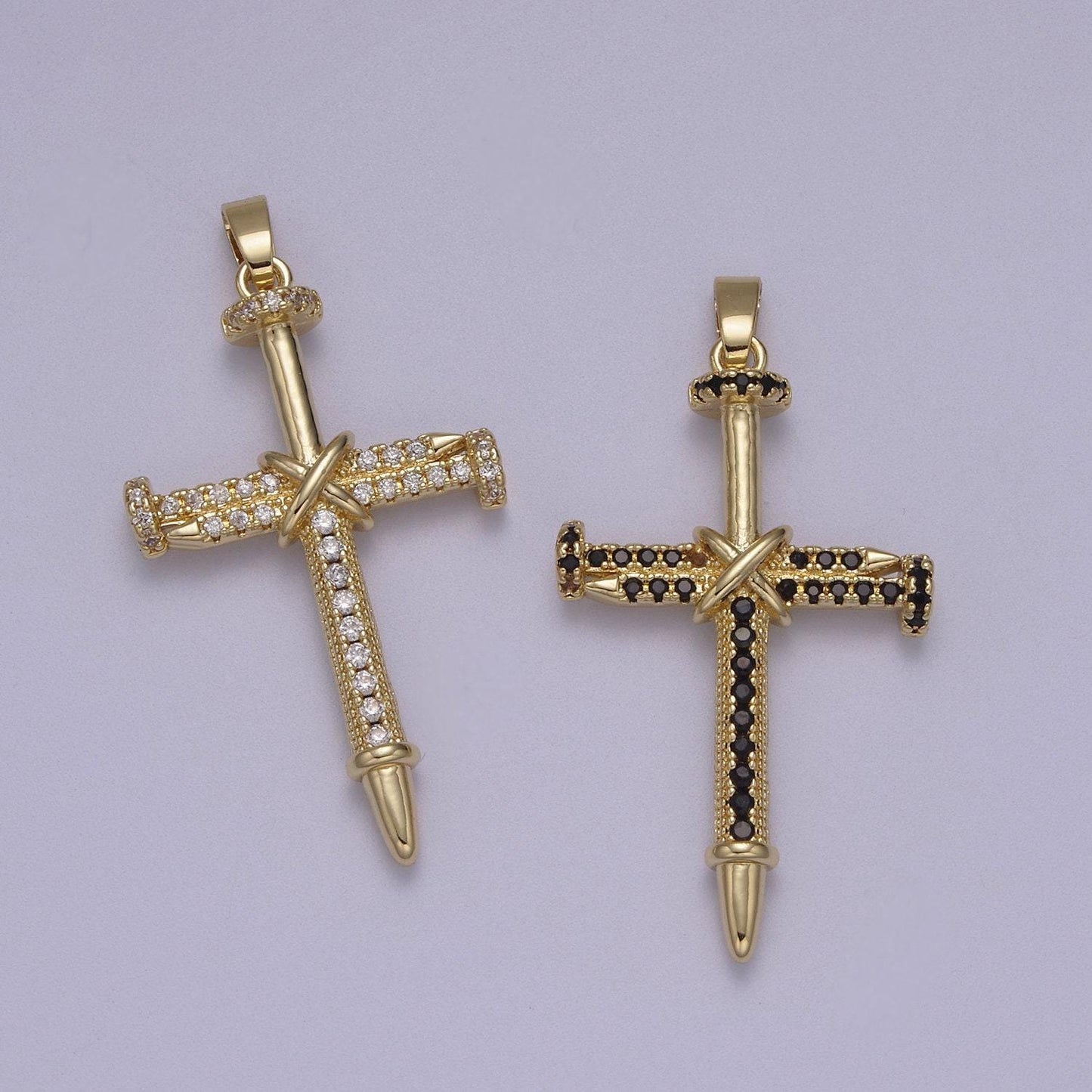 Bold nails bounded into cross pendant 14k gold filled with clear or black cz pave | diy charm necklace bracelet earring | n-592 n-593