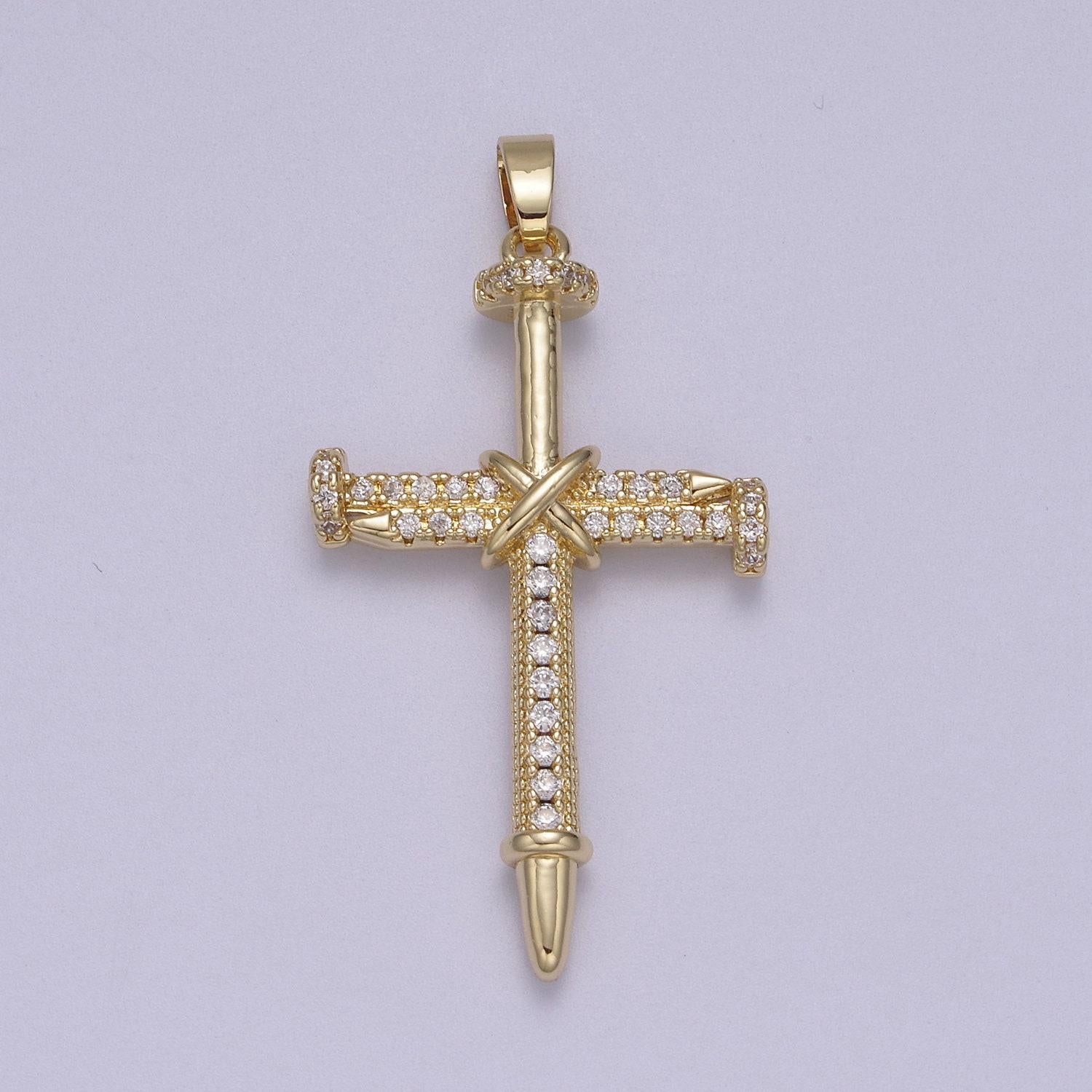 Bold nails bounded into cross pendant 14k gold filled with clear or black cz pave | diy charm necklace bracelet earring | n-592 n-593