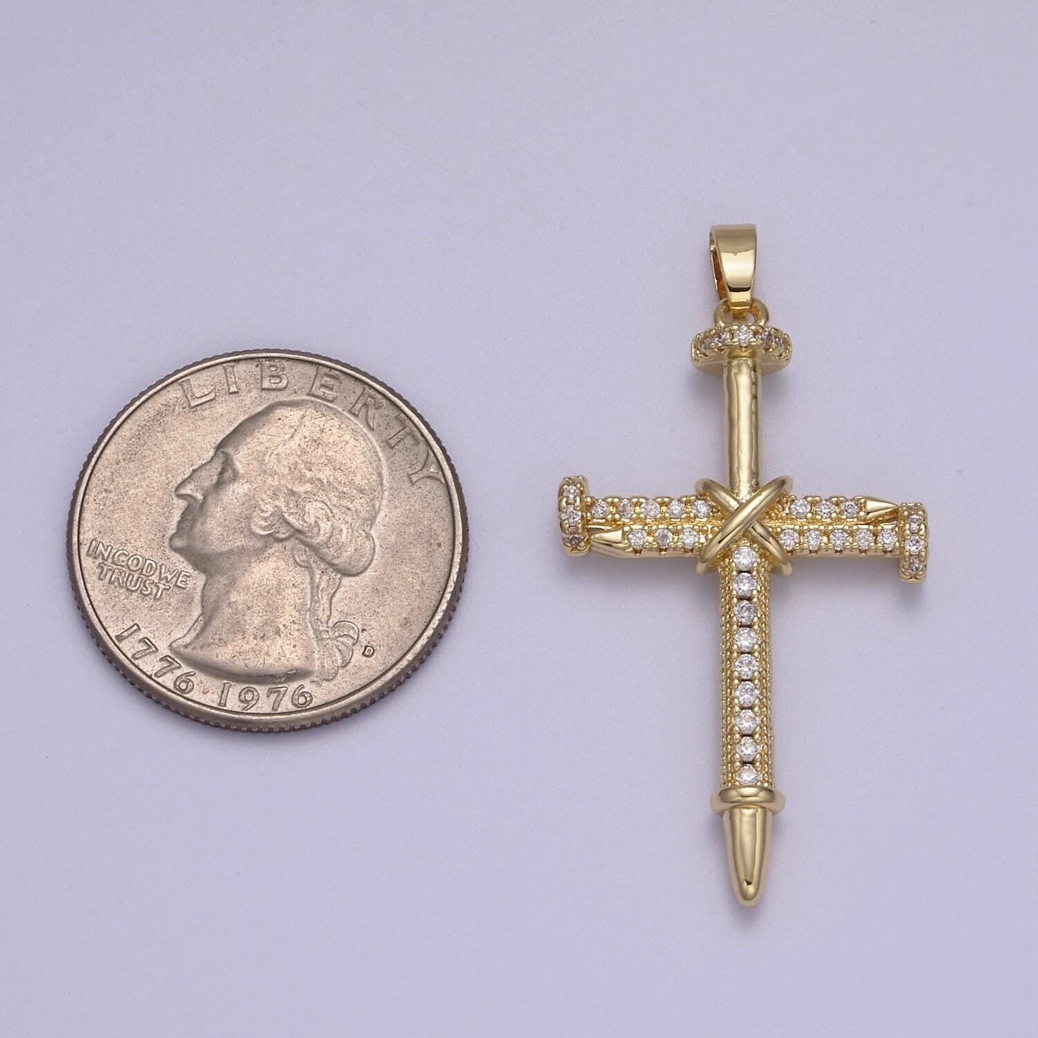 Bold nails bounded into cross pendant 14k gold filled with clear or black cz pave | diy charm necklace bracelet earring | n-592 n-593