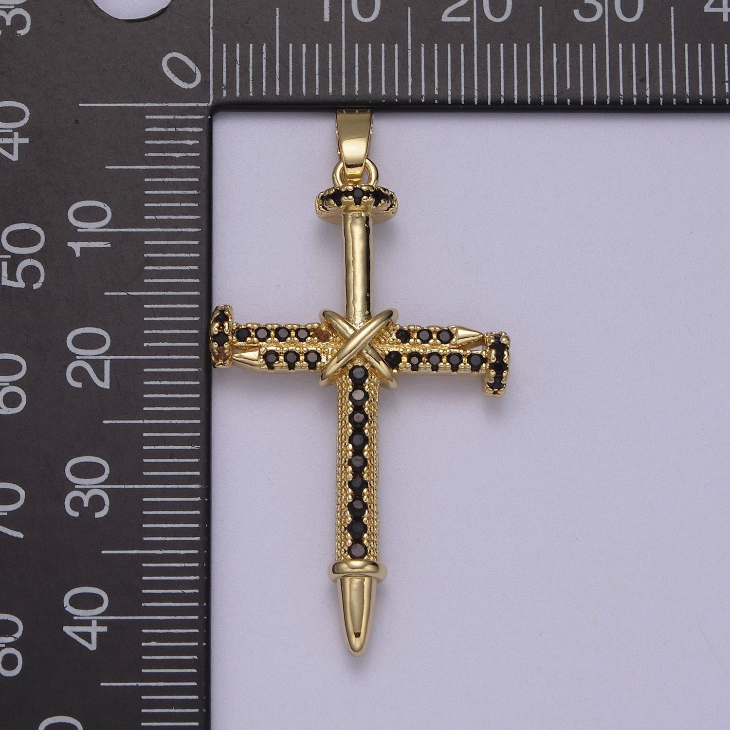 Bold nails bounded into cross pendant 14k gold filled with clear or black cz pave | diy charm necklace bracelet earring | n-592 n-593