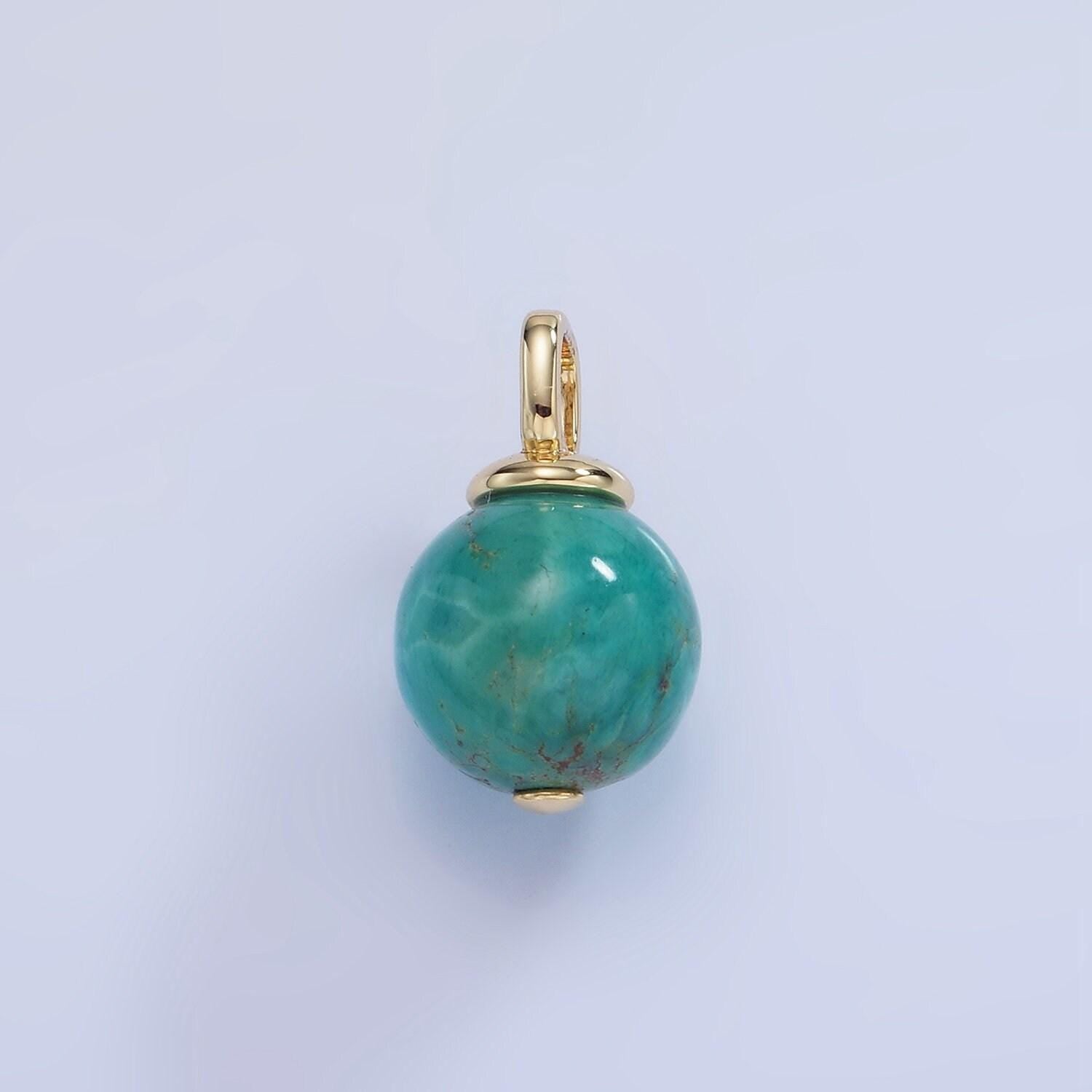 14k gold filled turquoise green gemstone round drop pendant ball beaded charm | aa1233