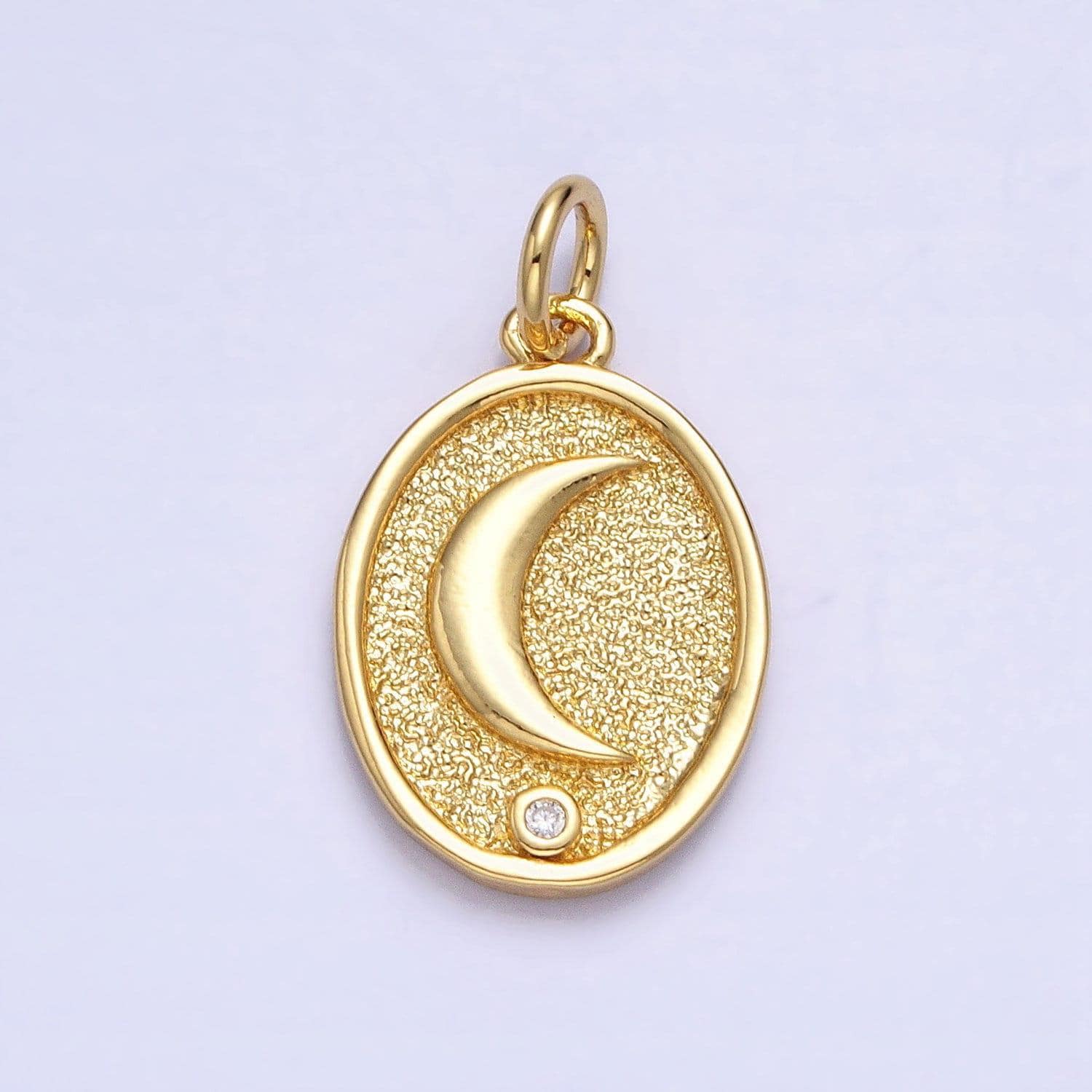 24k gold filled celestial crescent moon cz textured oval charm | ac449