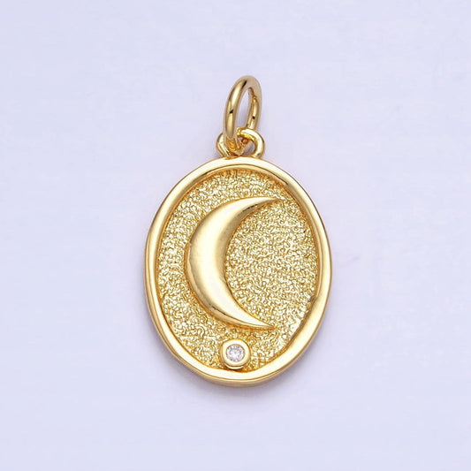24k gold filled celestial crescent moon cz textured oval charm | ac449
