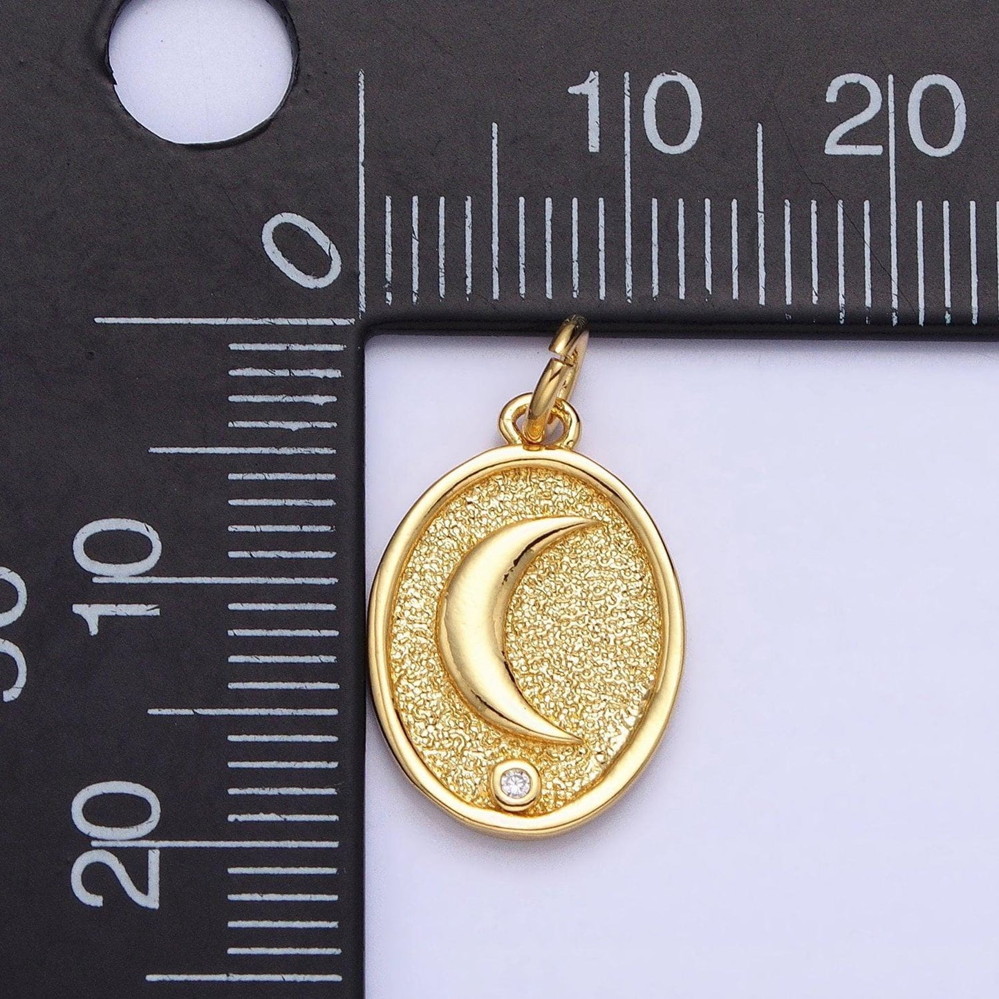 24k gold filled celestial crescent moon cz textured oval charm | ac449