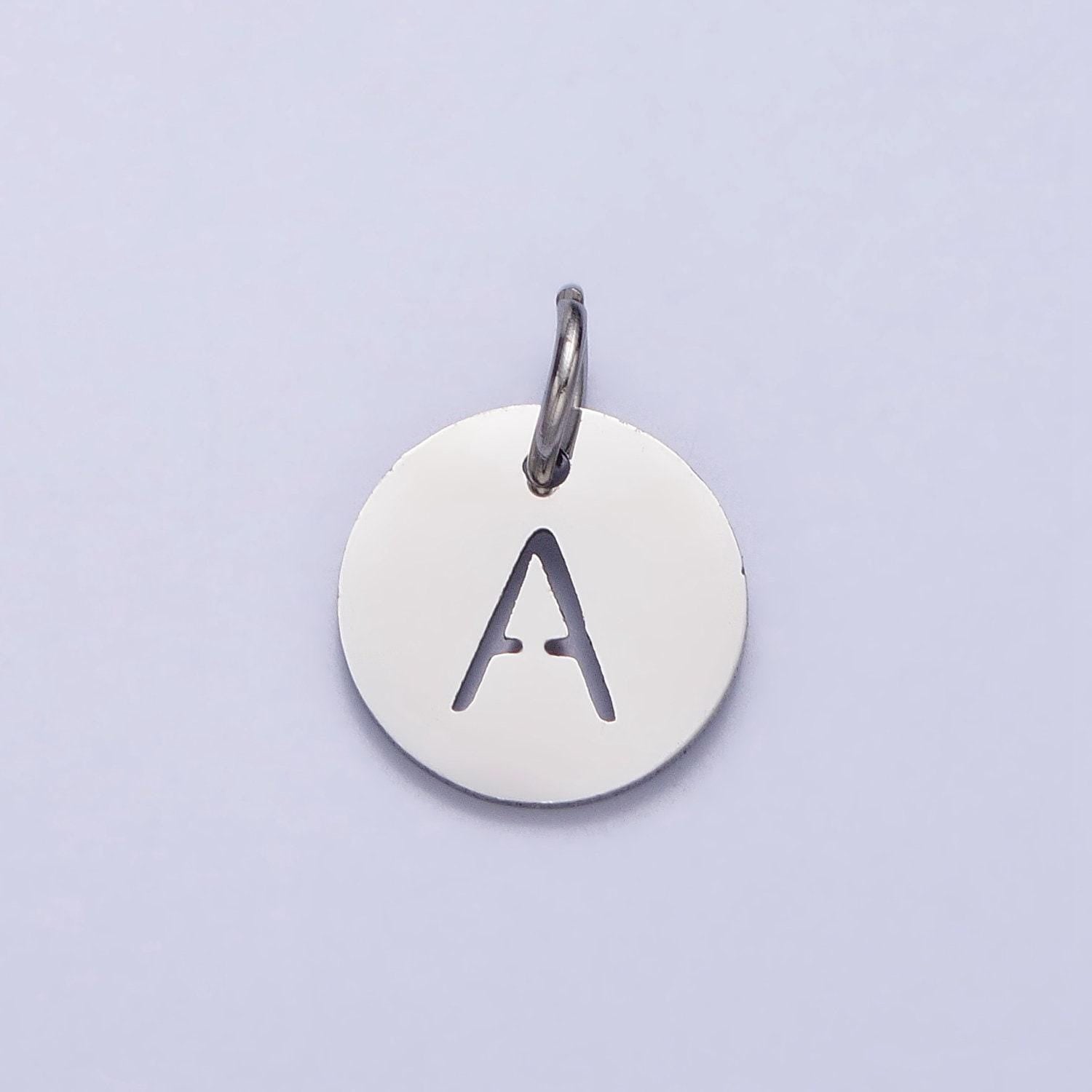 Small stainless steel round initial alphabet personalized mini add-on charm in silver tarnish free lead nickel free jewelry | a416-a428