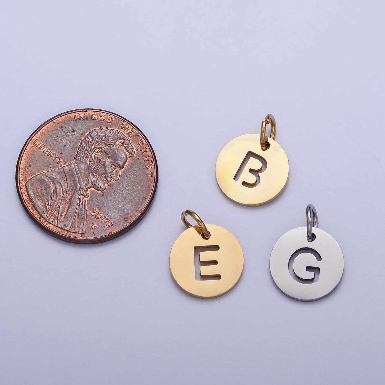 Small stainless steel round initial alphabet personalized mini add-on charm in silver tarnish free lead nickel free jewelry | a416-a428