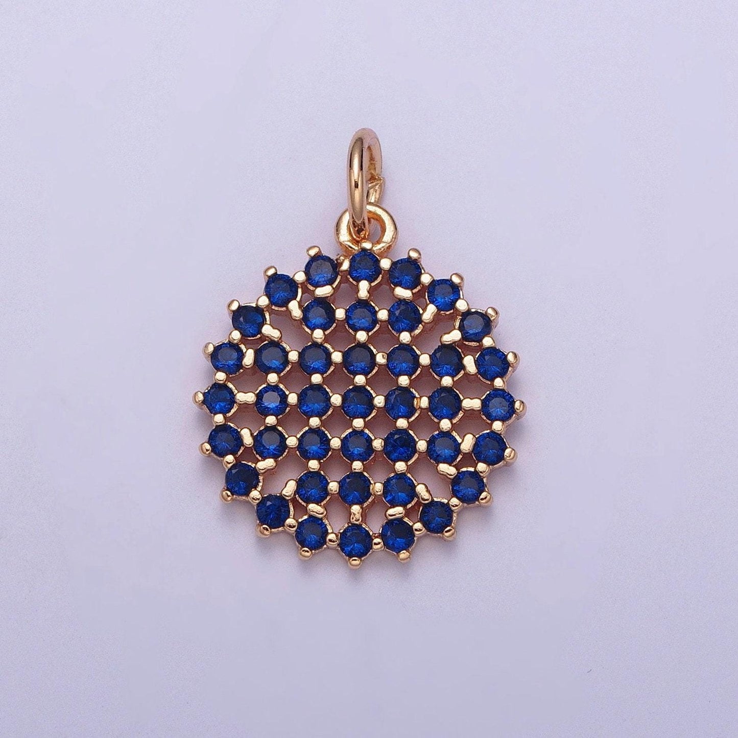 14k gold filled round colored mesh net micro pave cz stones medallion pendant, round circular statement charm for necklace | x-156~x-161