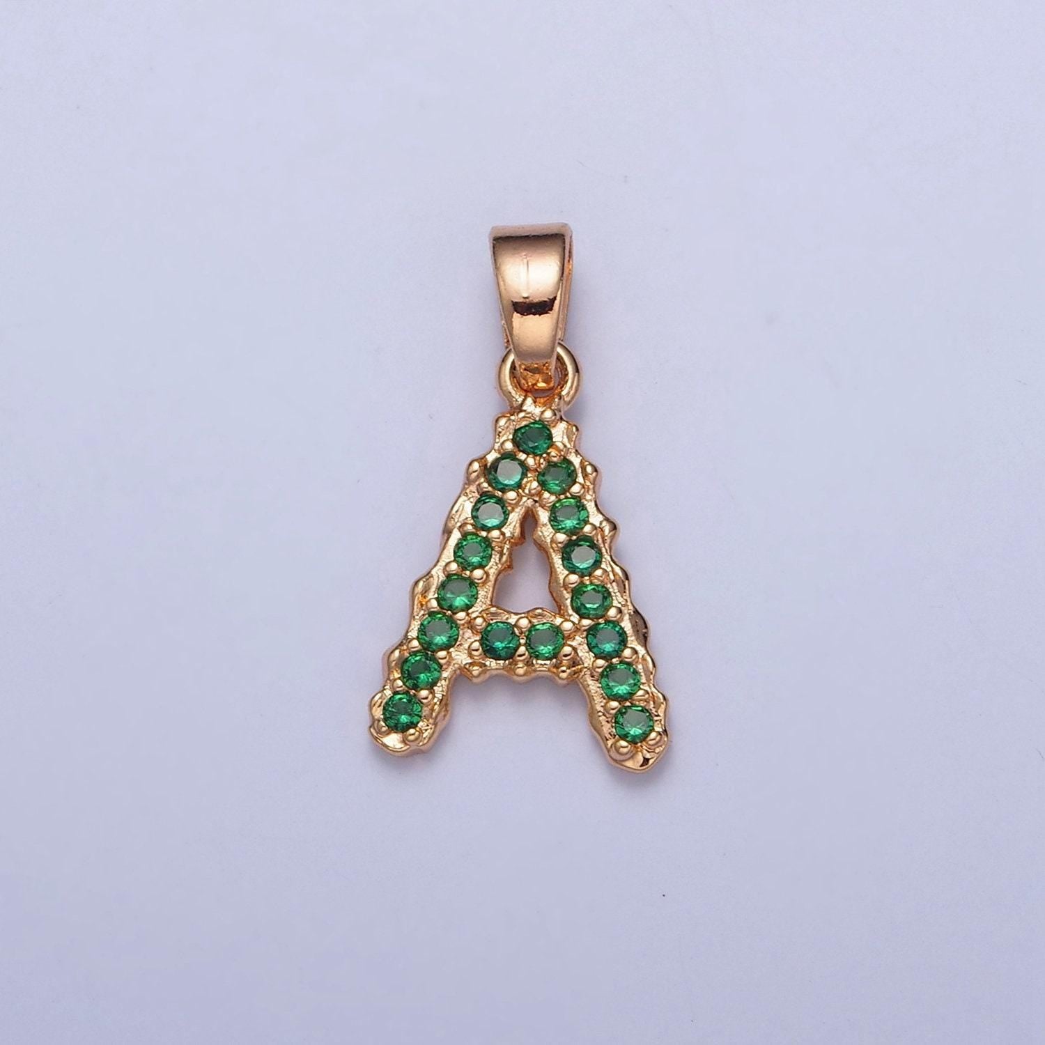 18k gold filled green emerald cz initial, micro pave cubic zirconia alphabet letter, dainty personalized pendant for jewelry making