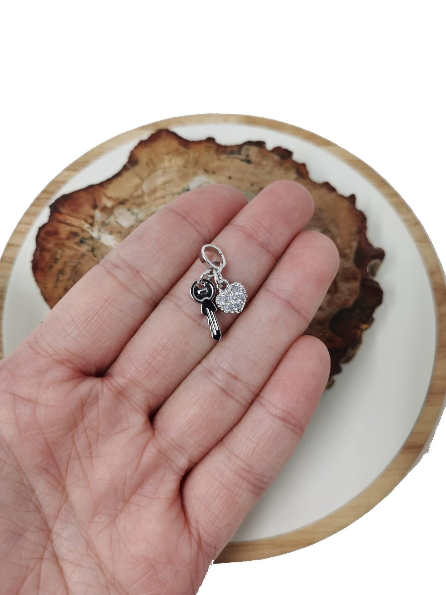 Micro pave dainty small key to my heart charm in silver / 18k gold filled charm for bracelet, earring, necklace component 23x13mm i-339