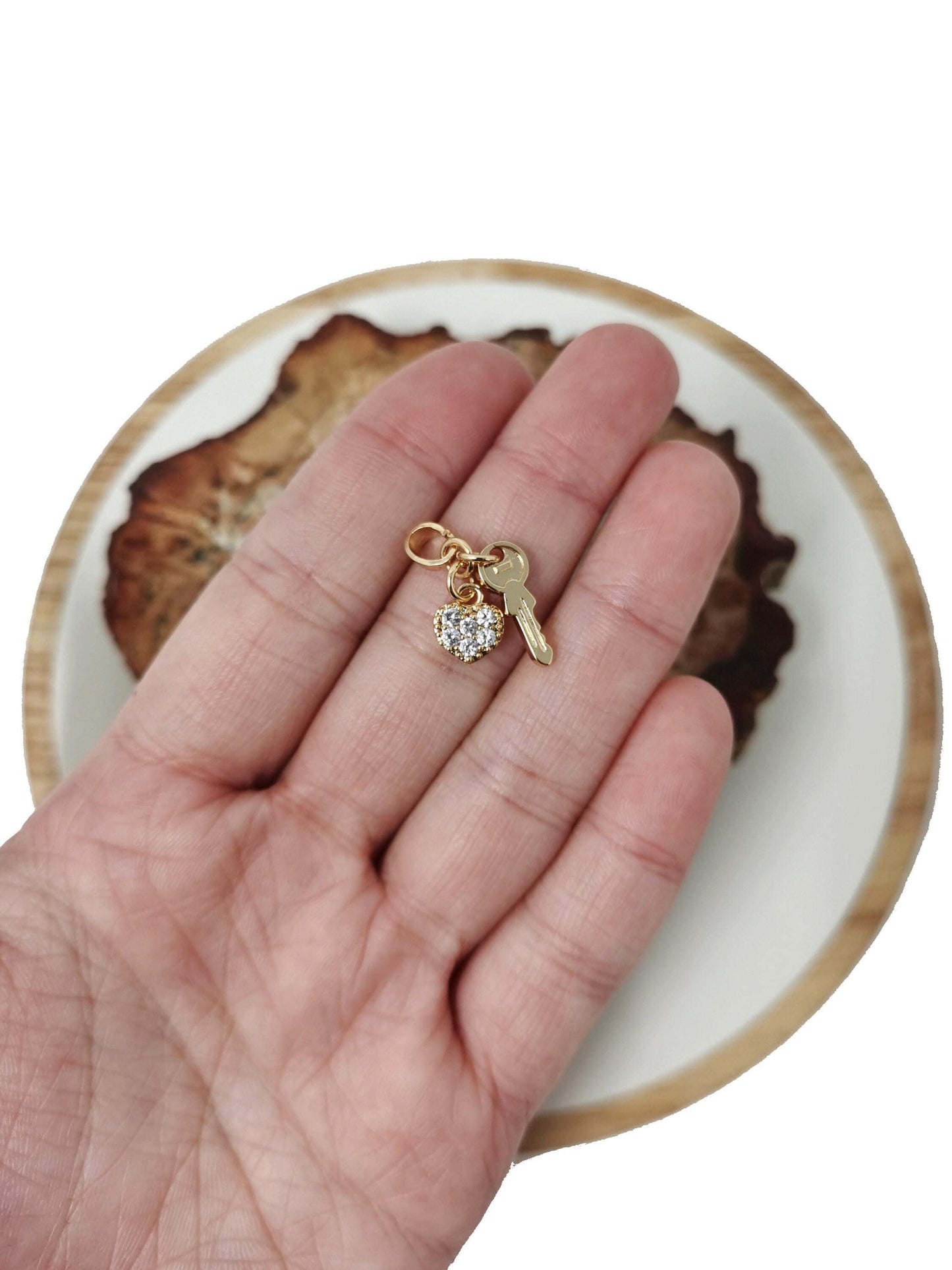 Micro pave dainty small key to my heart charm in silver / 18k gold filled charm for bracelet, earring, necklace component 23x13mm i-339