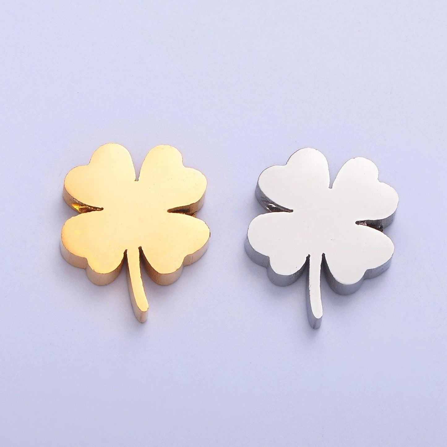 Gold, silver stainless steel dainty four-leaf clover lucky charm hole spacer bead, for diy european charms beaded bracelet | w-843, w-844