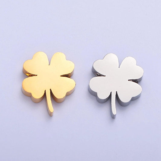 Gold, silver stainless steel dainty four-leaf clover lucky charm hole spacer bead, for diy european charms beaded bracelet | w-843, w-844