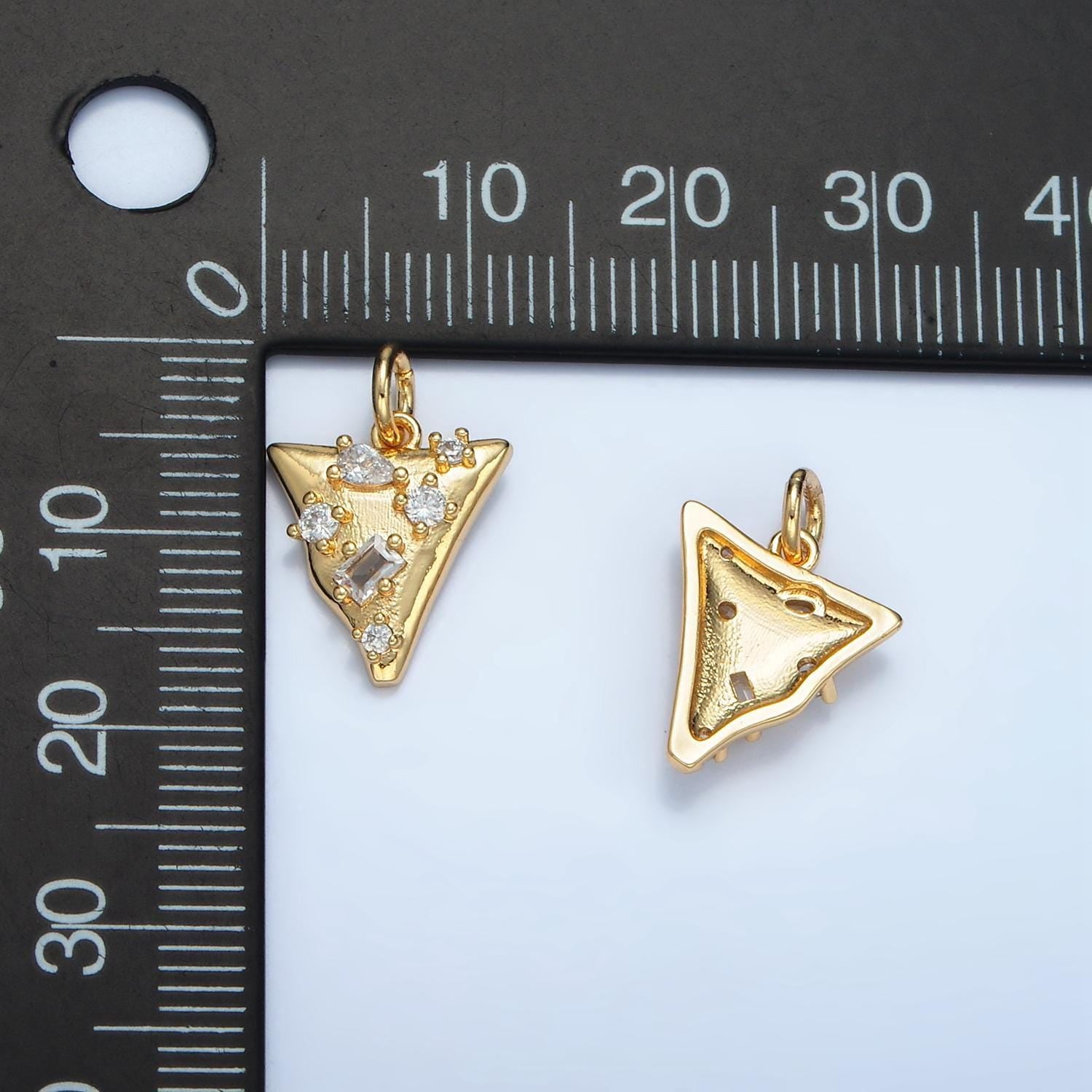 24k gold filled clear abstract cz paved triangle charm | e-091