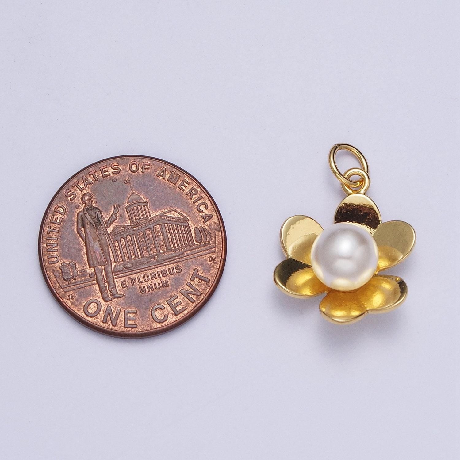 White round pearl gold thin petals blooming flower pendant, dainty 24k gold plated open white pearl florette floral charm | ag129
